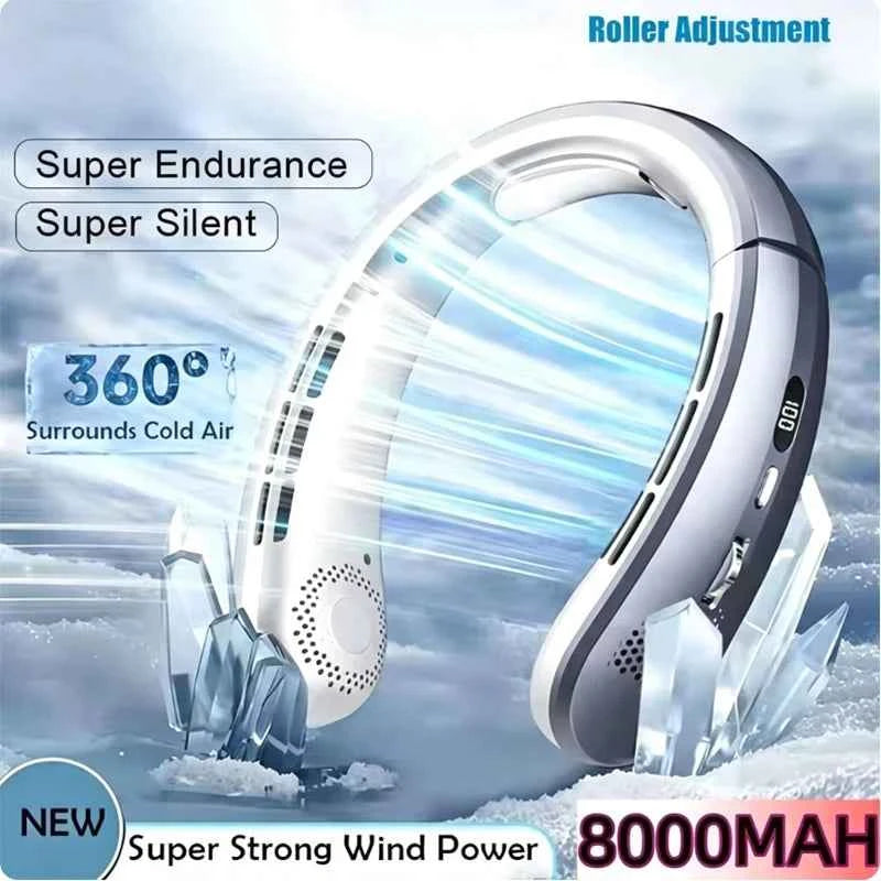 8000mAh Bladeless Neck Fan – Portable USB Rechargeable Hands-Free Air Cooler with LED Display
