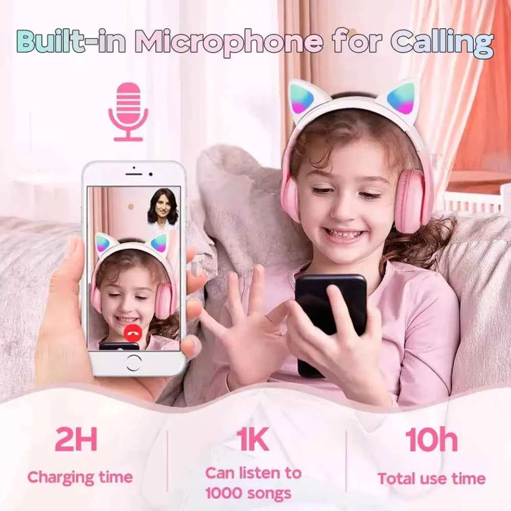 Cat Ear Bluetooth Headset with LED Lights | Wireless Kids Headphones with Microphone