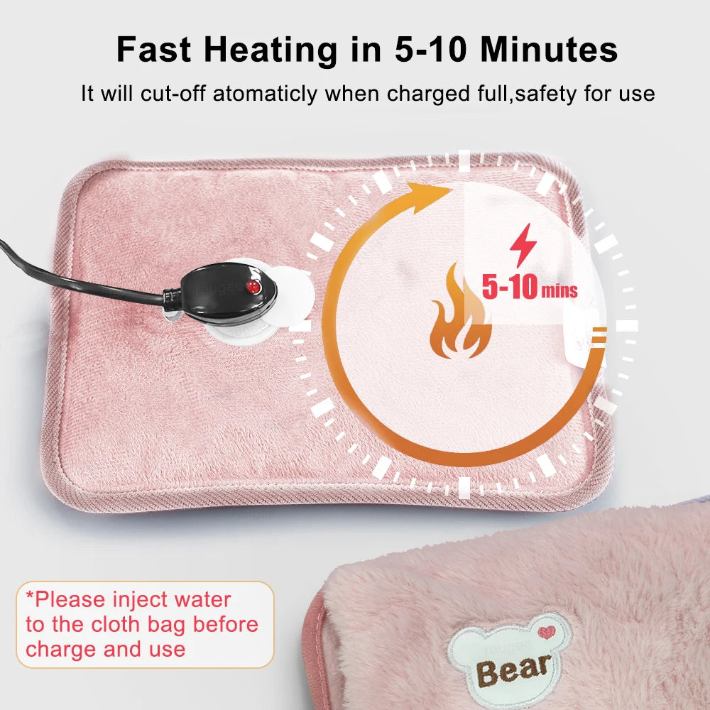 Raugee Electric Hot Water Bag – Rechargeable Hand Warmer Pillow | Fast Charge, Explosion-Proof, Soft Velvet Cover