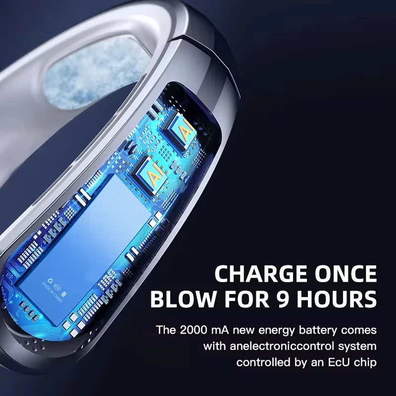 8000mAh Bladeless Neck Fan – Portable USB Rechargeable Hands-Free Air Cooler with LED Display