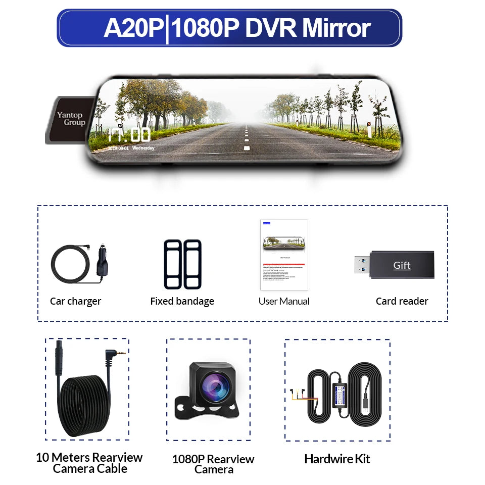 10-Inch Dual 1080P Car DVR Rearview Mirror – Touch Screen Front & Rear Night Vision Dash Cam