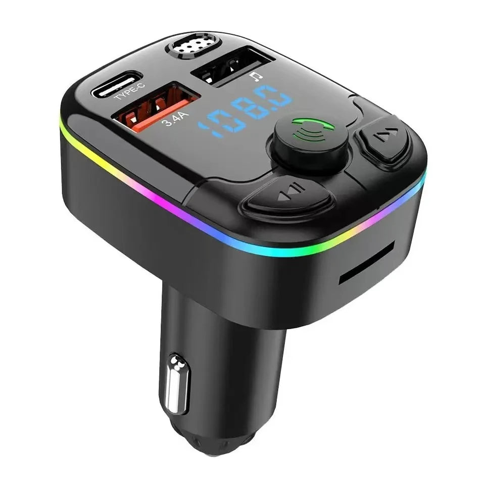 Bluetooth 5.0 Car FM Transmitter & Charger – PD USB-C, Dual USB, Hands-Free MP3 Player with Ambient Light