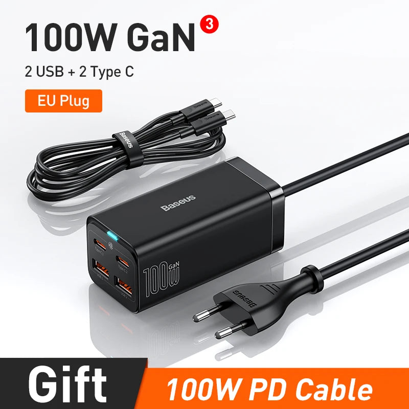 Baseus GaN3 100W / 65W Desktop Charger – Quick Charge QC 3.0/4.0 USB-C for iPhone 15, Huawei, Xiaomi & MacBook