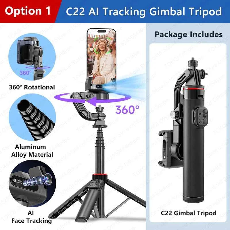C22 AI Face Tracking Gimbal Stabiliser — 360° Rotation | Selfie Stick & Tripod | Phone & Camera