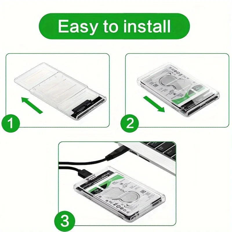 2.5" SSD & HDD Enclosure – Transparent USB 3.0 / Type-C External Hard Drive Case, Tool-Free