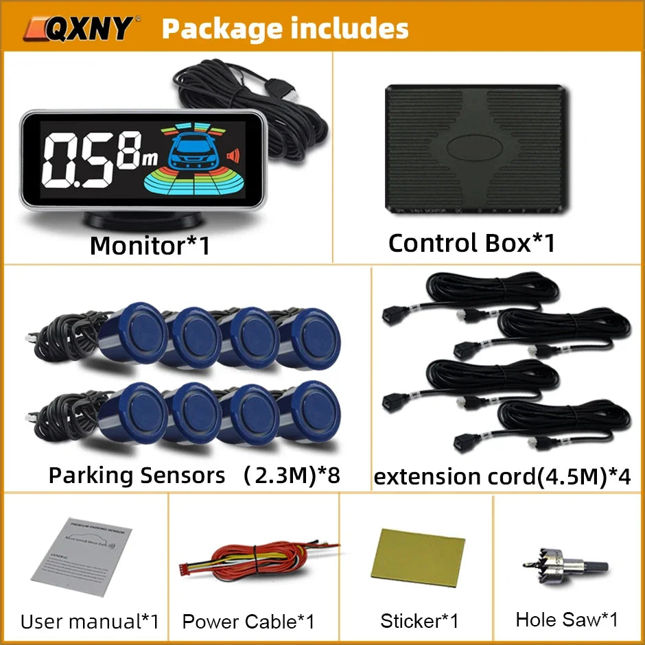 8-Sensor Parktronic Parking Kit – Front & Rear Radar Detector, Backup Assistance with Sound Alert