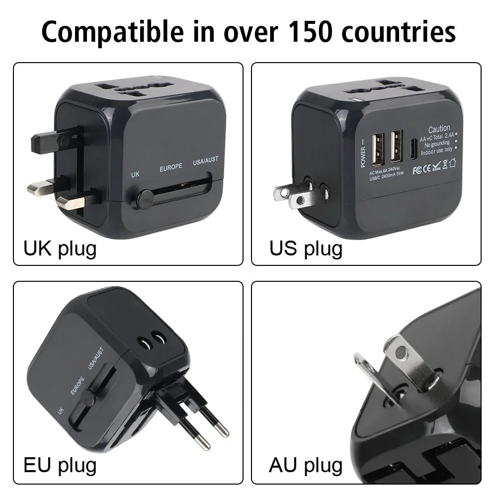 4-in-1 Universal Travel Adapter with USB & USB-C Ports | Worldwide Plug Converter