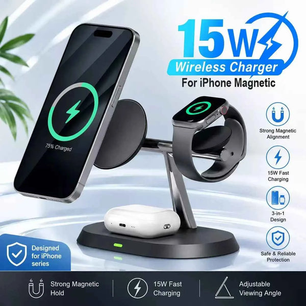 3-in-1 Magnetic Wireless Charging Station – MagSafe for iPhone 16/15/14/13/12, Apple Watch & AirPods Pro Fast Charge