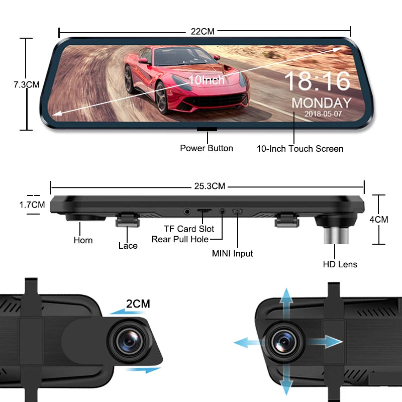 10-Inch Dual 1080P Car DVR Rearview Mirror – Touch Screen Front & Rear Night Vision Dash Cam