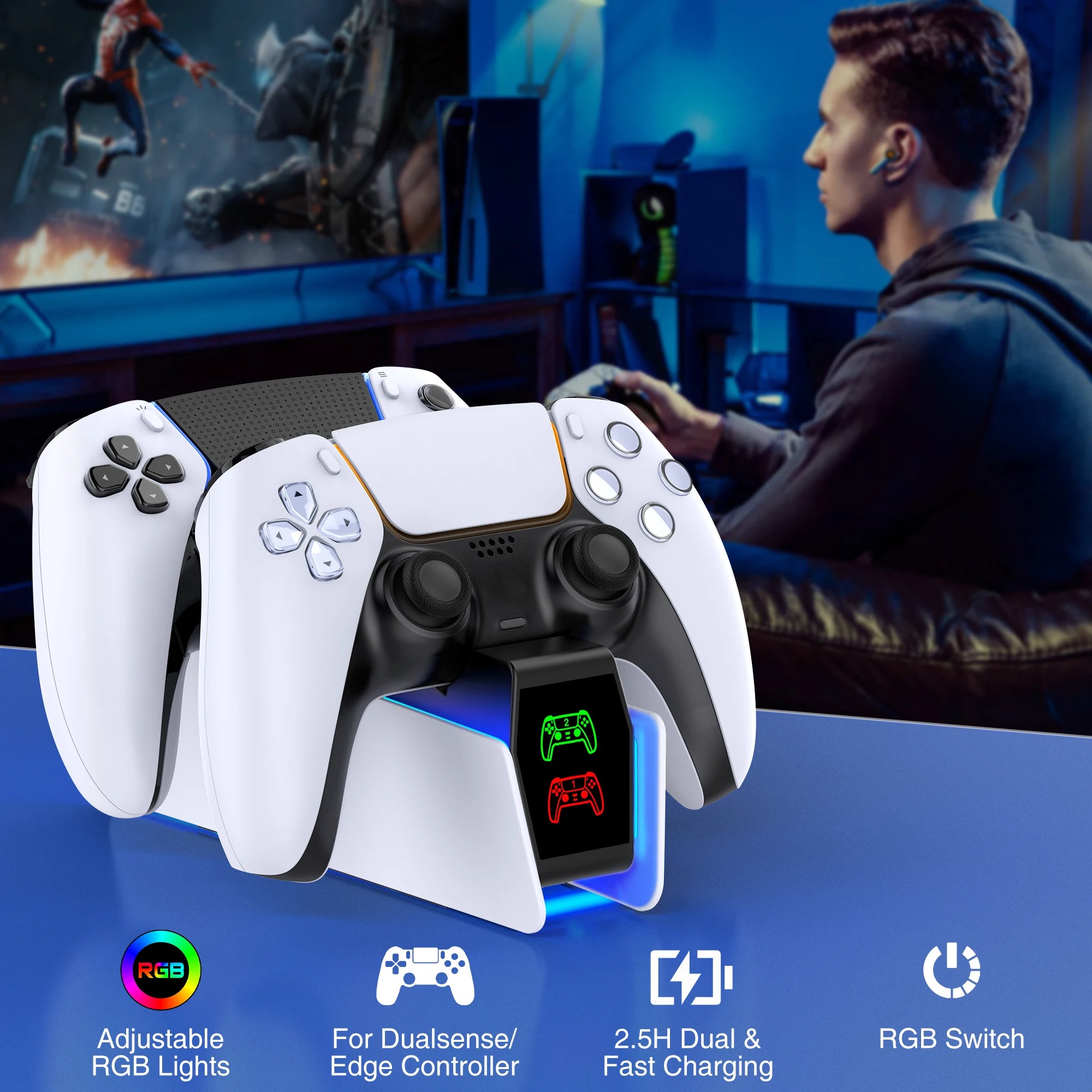 RGB Dual Fast Charger Docking Station for PS5 Controllers – RGB Indicator, Charging Stand for PS5 Gamepad