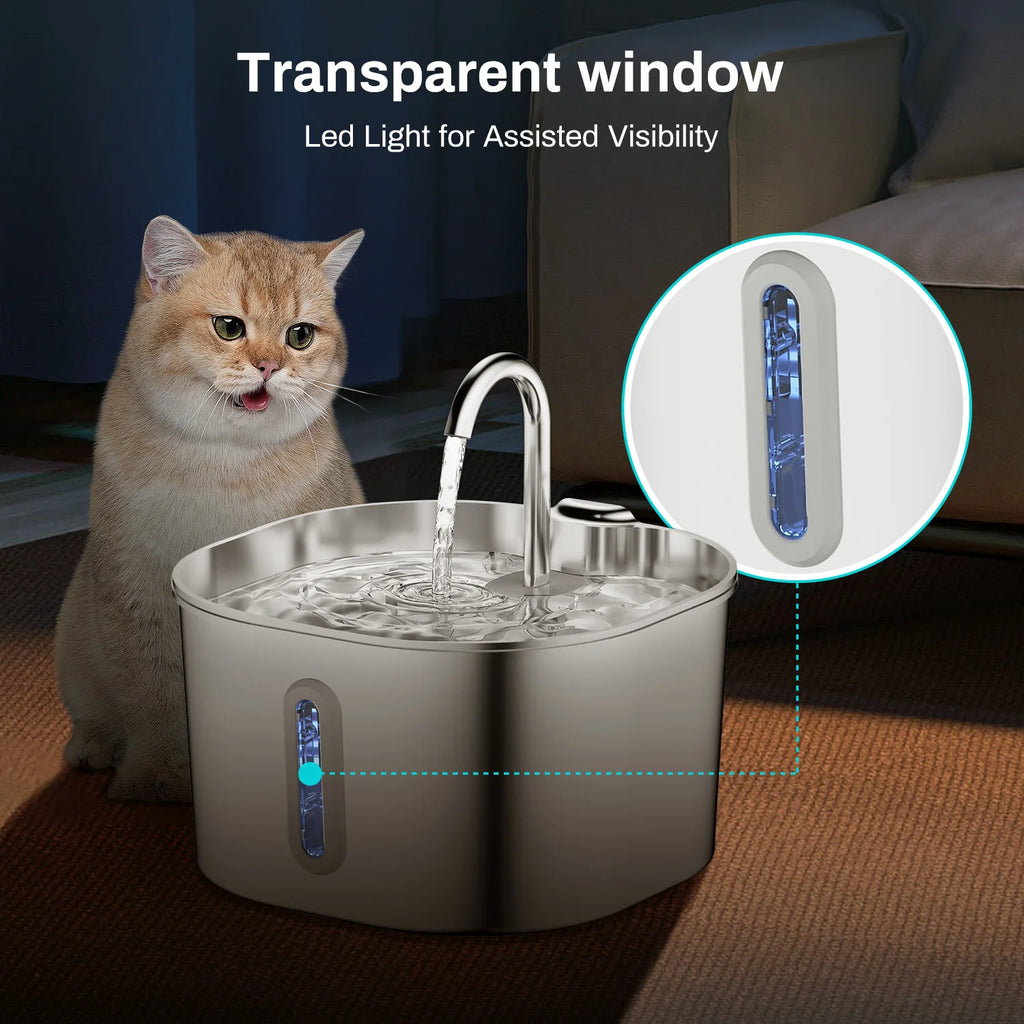 2.2L Stainless Steel Cat Water Fountain with Viewing Window