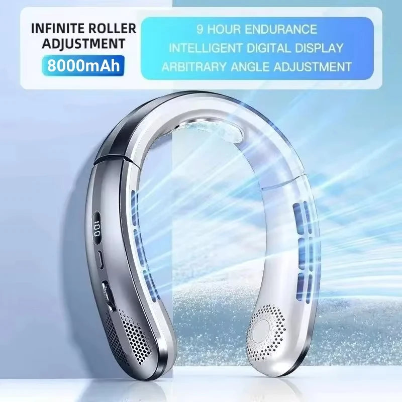 8000mAh Bladeless Neck Fan – Portable USB Rechargeable Hands-Free Air Cooler with LED Display