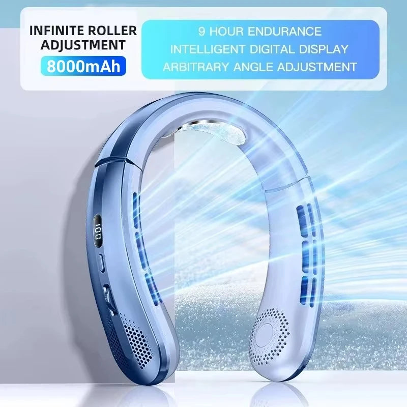 8000mAh Bladeless Neck Fan – Portable USB Rechargeable Hands-Free Air Cooler with LED Display
