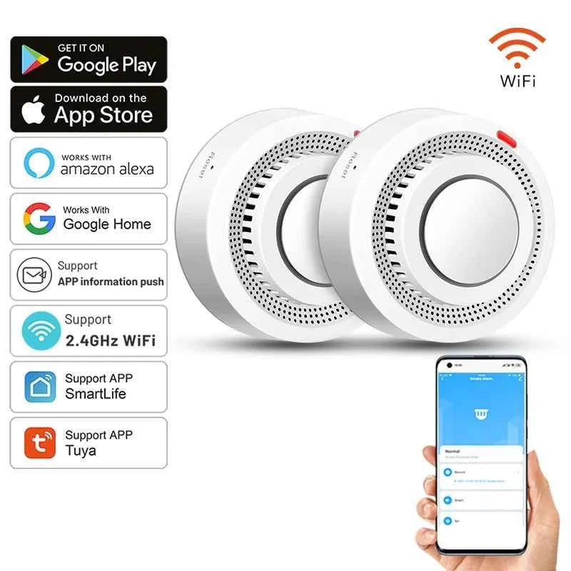 Tuya WiFi Smart Smoke Detector 2-Pack | 85dB Alarm, App Alerts, Alexa & Google