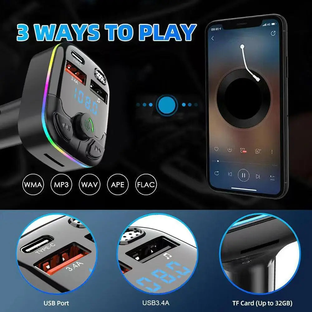 Bluetooth 5.0 Car FM Transmitter & Charger – PD USB-C, Dual USB, Hands-Free MP3 Player with Ambient Light