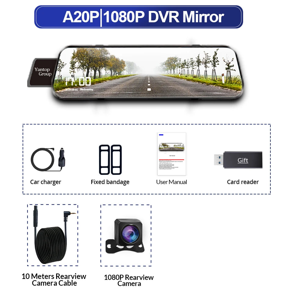 10-Inch Dual 1080P Car DVR Rearview Mirror – Touch Screen Front & Rear Night Vision Dash Cam