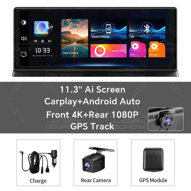Rapuntek™ DriveHub Pro 11.3" 4K Smart Car Display with Wireless Apple CarPlay, Android Auto, GPS & Dual Dash Camera