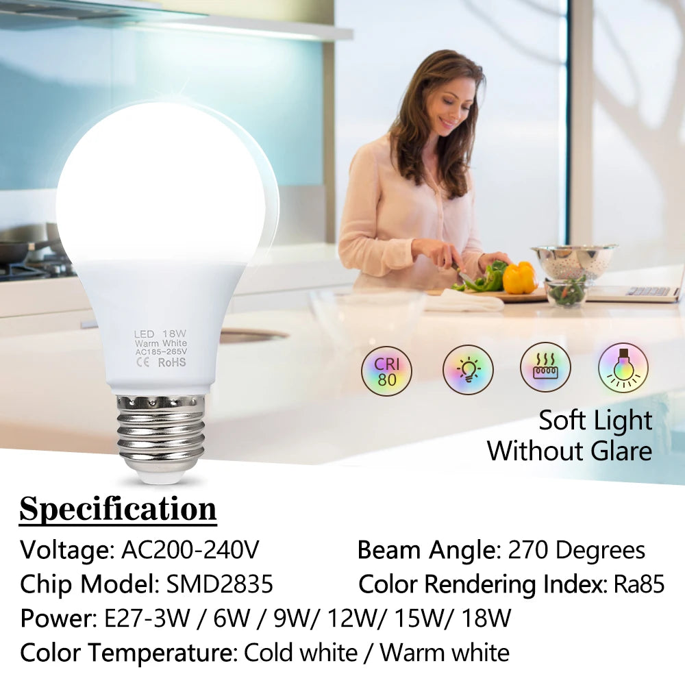 LED Bulb E27 – 3W to 18W Smart IC High Brightness Lamp Spotlight AC 220V–240V for Home & Office Lighting