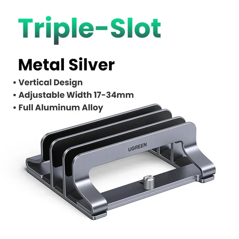 UGREEN Vertical Laptop Stand – Triple Slot Aluminium Notebook Holder for MacBook Pro, iPad & Phone
