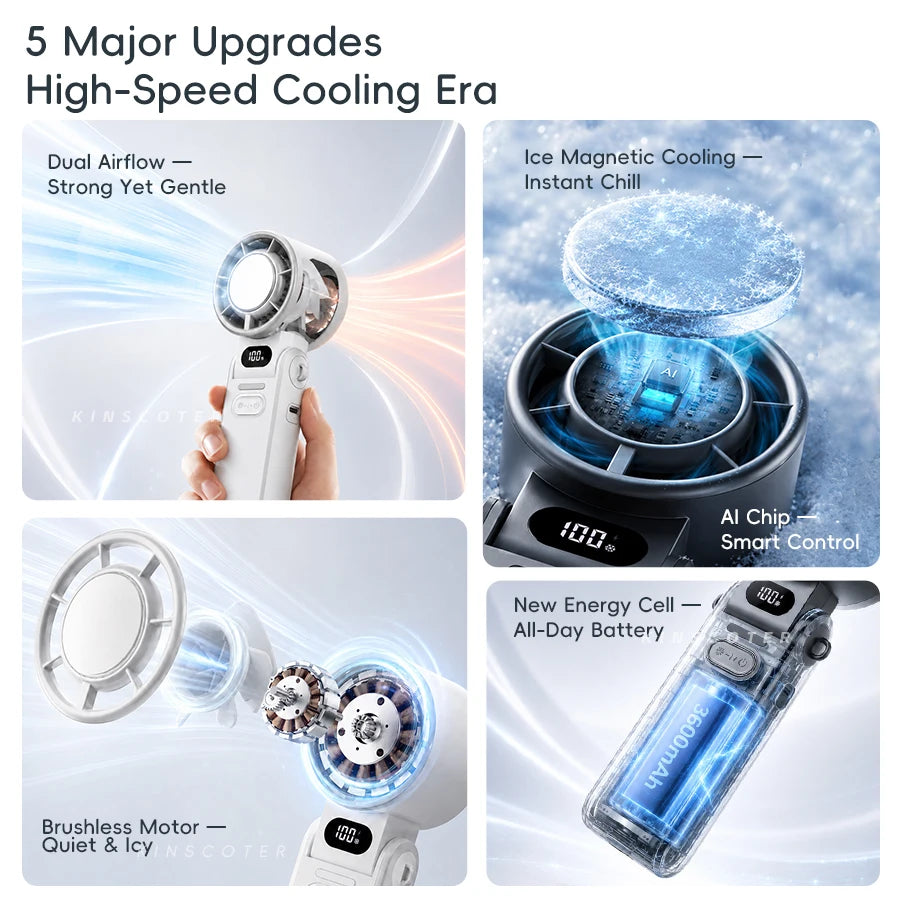 KINSCOTER Foldable Handheld Fan — 3600mAh, 100-Speed Control, Ice-Cool Technology
