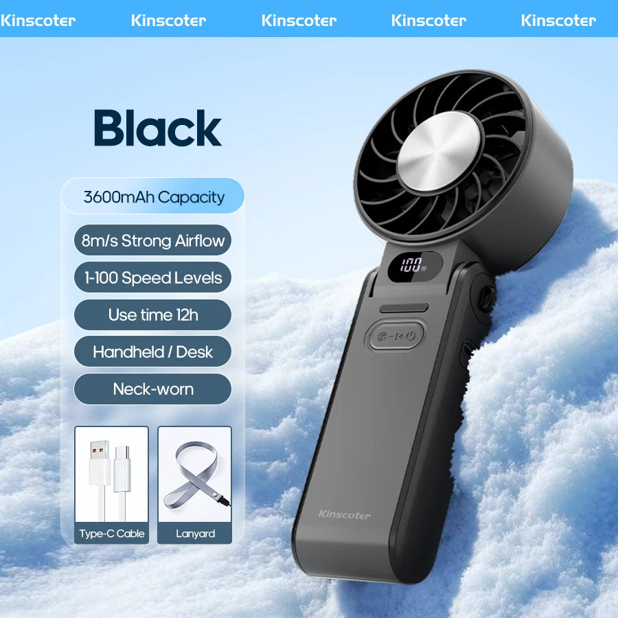 KINSCOTER Foldable Handheld Fan — 3600mAh, 100-Speed Control, Ice-Cool Technology