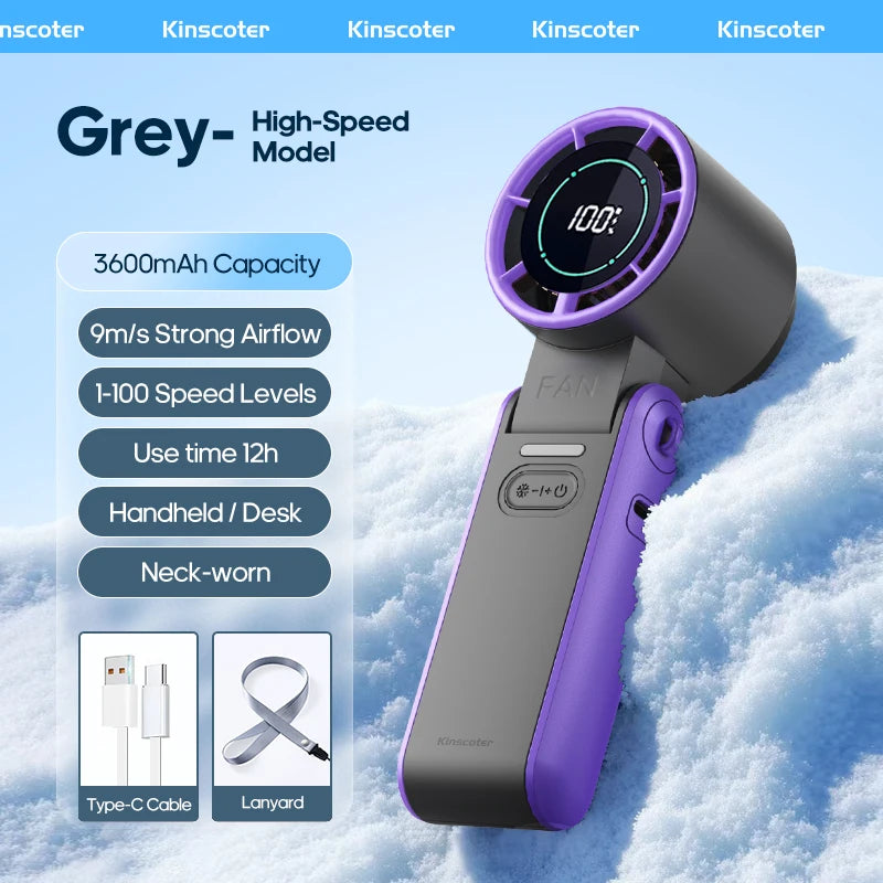 KINSCOTER Foldable Handheld Fan — 3600mAh, 100-Speed Control, Ice-Cool Technology