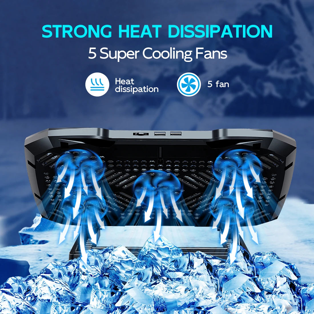 COOLCOLD Laptop Cooling Pad – 5 Quiet Fans, 5-Angle Adjustable Stand with Phone Holder for 12–17 Inch Laptops