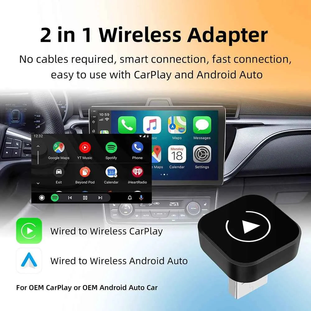 2-in-1 Wireless CarPlay & Android Auto Adapter – AI Smart Box for Car
