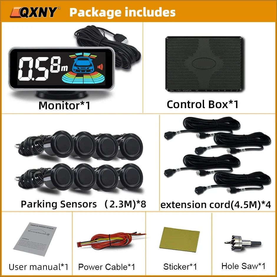 8-Sensor Parktronic Parking Kit – Front & Rear Radar Detector, Backup Assistance with Sound Alert
