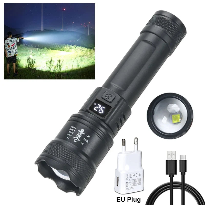 ZHIYU Taktische LED-Taschenlampe 2000LM – Zoombar, USB wiederaufladbar mit Powerbank & Display | Camping, Angeln, Notfall