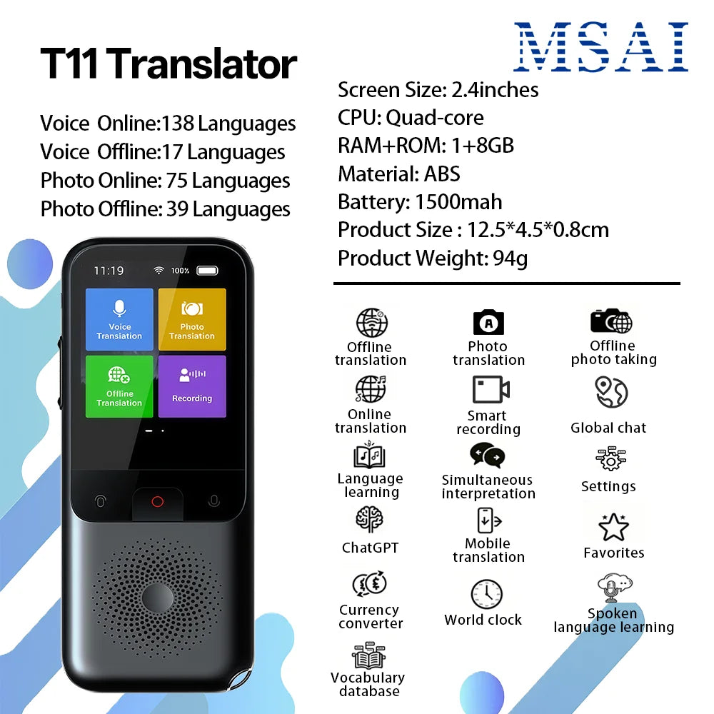 MSAI T11 Smart Language Translator Device — 138 Languages Online, 17 Offline, Photo Translation