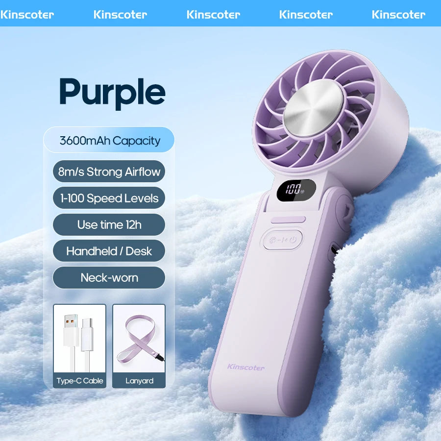 KINSCOTER Foldable Handheld Fan — 3600mAh, 100-Speed Control, Ice-Cool Technology