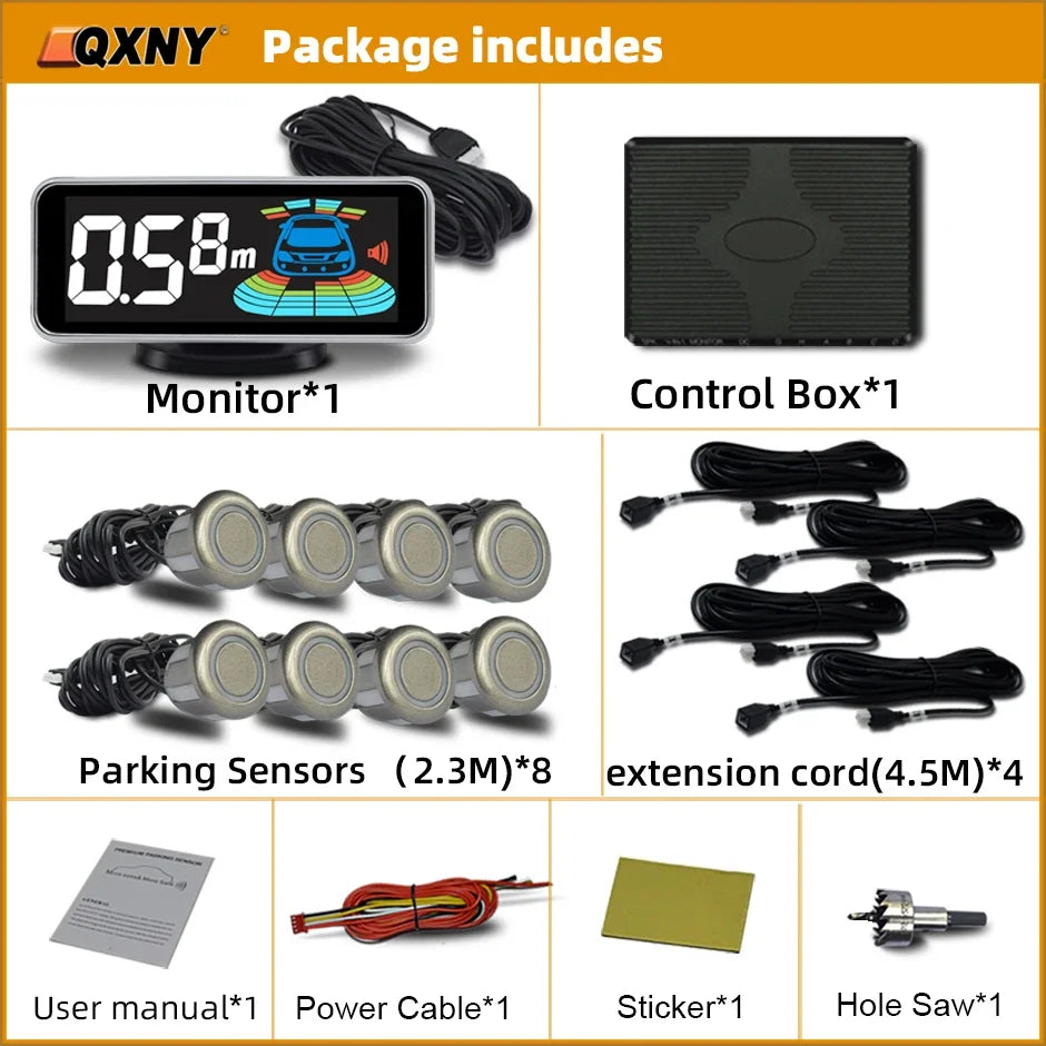 8-Sensor Parktronic Parking Kit – Front & Rear Radar Detector, Backup Assistance with Sound Alert