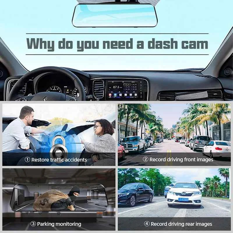 10-Inch Dual 1080P Car DVR Rearview Mirror – Touch Screen Front & Rear Night Vision Dash Cam