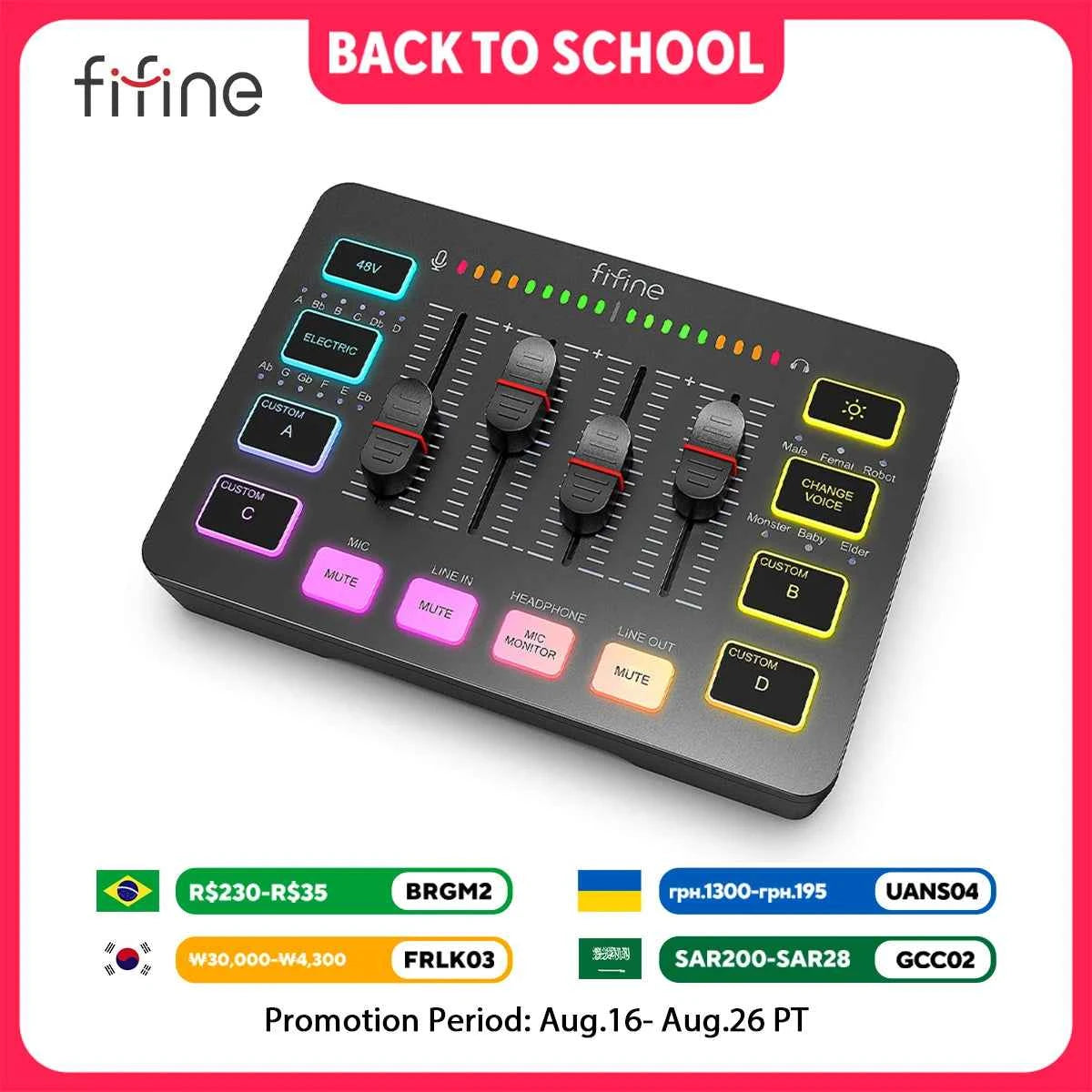 FIFINE SC3 Gaming Audio Mixer | 4-Channel RGB Streaming Mixer with XLR Input