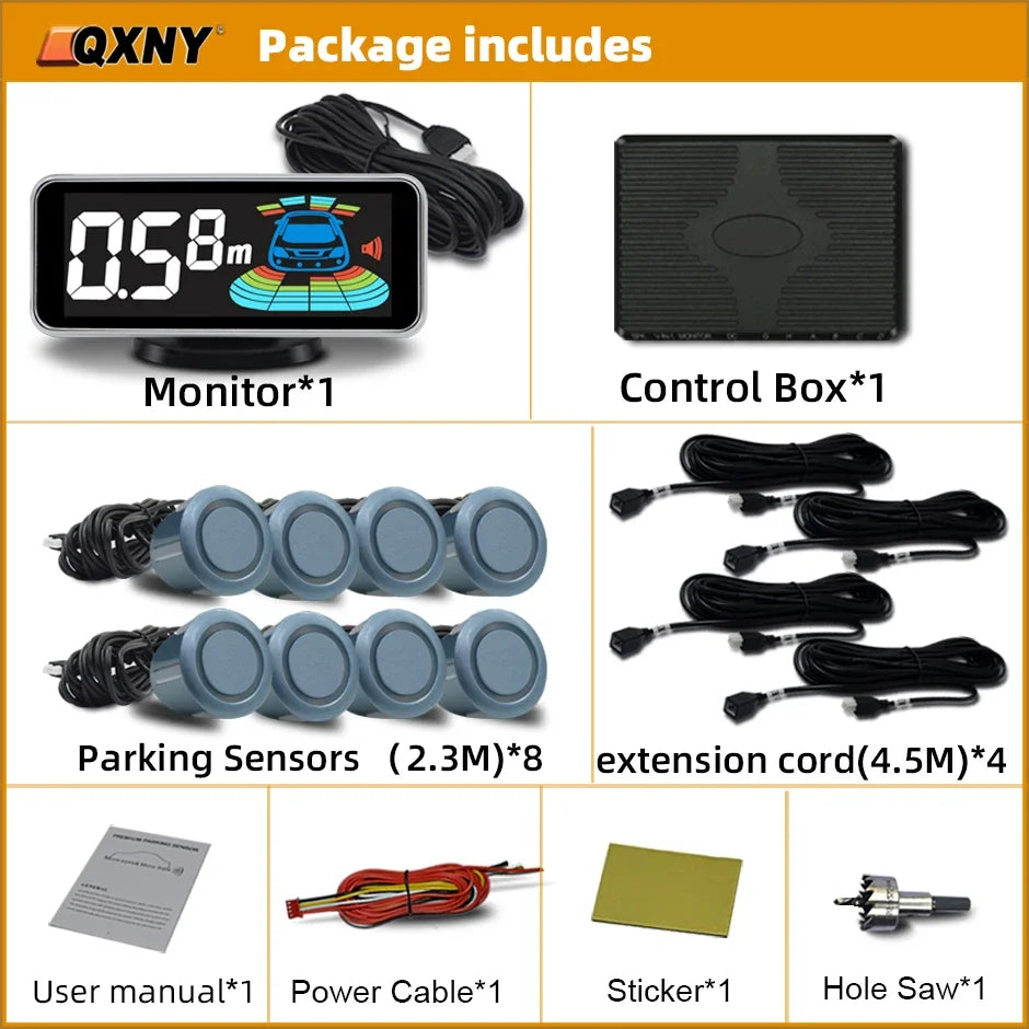 8-Sensor Parktronic Parking Kit – Front & Rear Radar Detector, Backup Assistance with Sound Alert