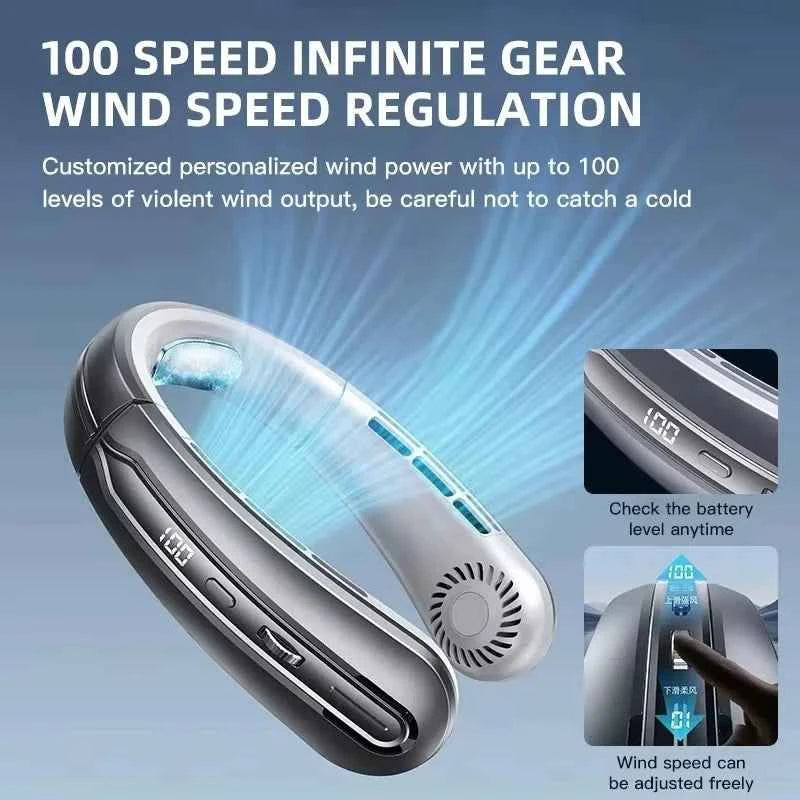 8000mAh Bladeless Neck Fan – Portable USB Rechargeable Hands-Free Air Cooler with LED Display