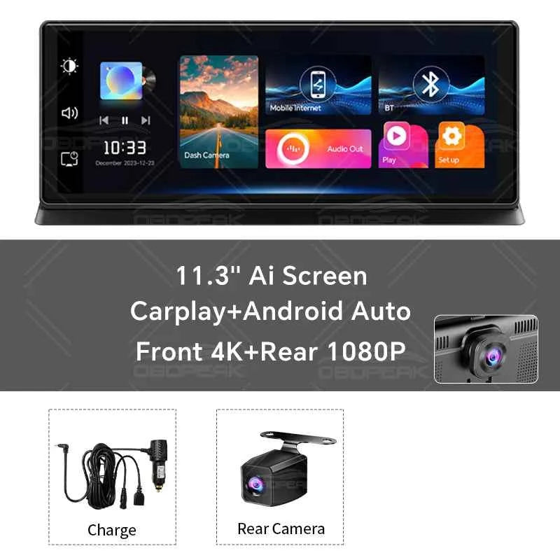 Rapuntek™ DriveHub Pro 11.3" 4K Smart Car Display with Wireless Apple CarPlay, Android Auto, GPS & Dual Dash Camera