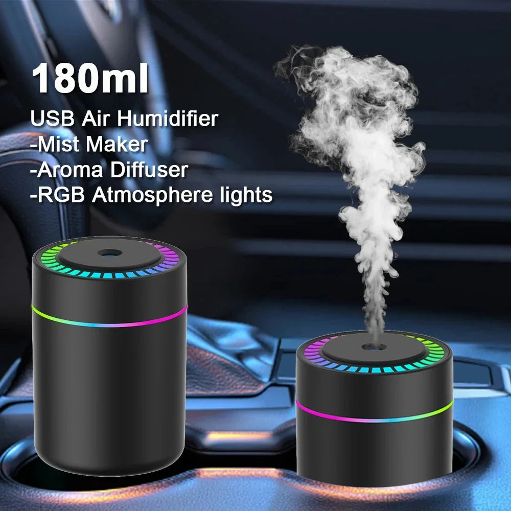 Mini USB Air Humidifier & Aroma Diffuser – 180ml, Essential Oil, Mist Maker for Car, Home & Bedroom