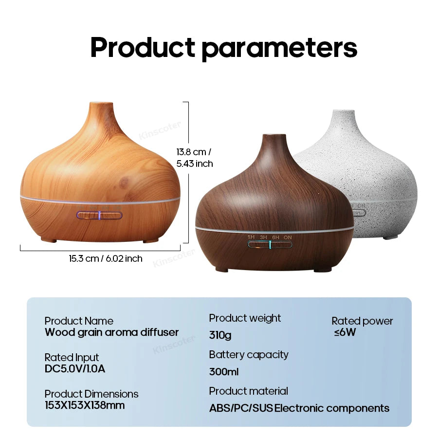 Rapuntek™ Wood Grain Aromatherapy Diffuser – USB Humidifier & Air Purifier with Essential Oil Set for Desk & Home
