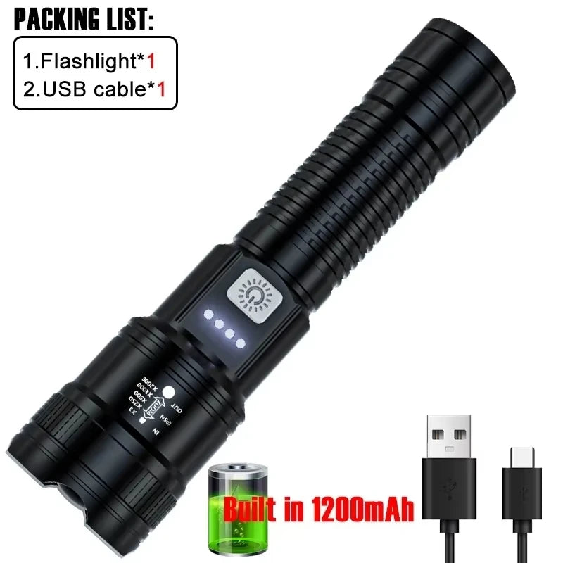 ZHIYU Taktische LED-Taschenlampe 2000LM – Zoombar, USB wiederaufladbar mit Powerbank & Display | Camping, Angeln, Notfall