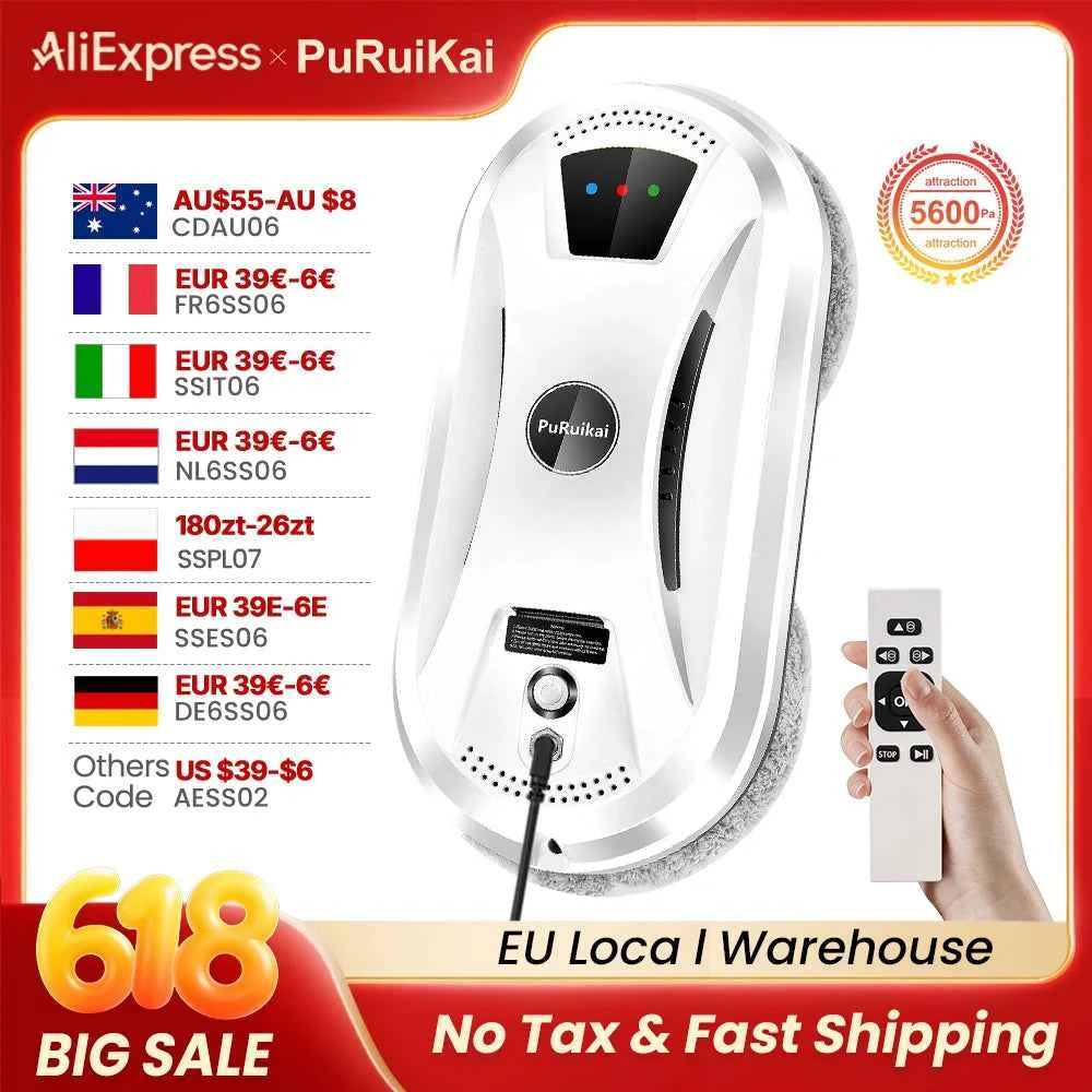 PuRuiKai PRK-N361 Window Cleaning Robot – 5600Pa Suction, Remote Control, 20-Min Power-Loss Protection | EU, UK, US, AU Plug