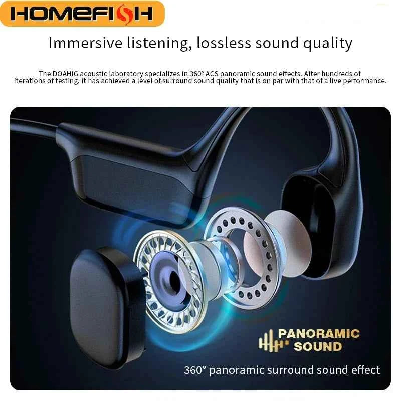 HOMEFISH IPX8 Waterproof Bone Conduction Headphones – Open Ear Bluetooth Sport Headset with 32GB MP3 & 72H Battery