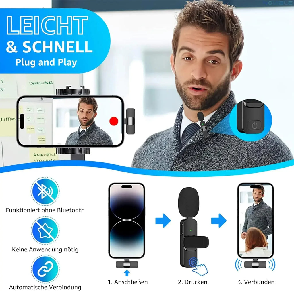 Rapuntek™ Wireless Lavalier Microphone with Noise Reduction – USB-C & iPhone | Live Streaming & Interviews