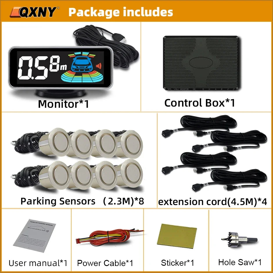 8-Sensor Parktronic Parking Kit – Front & Rear Radar Detector, Backup Assistance with Sound Alert