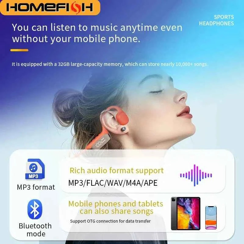 HOMEFISH IPX8 Waterproof Bone Conduction Headphones – Open Ear Bluetooth Sport Headset with 32GB MP3 & 72H Battery