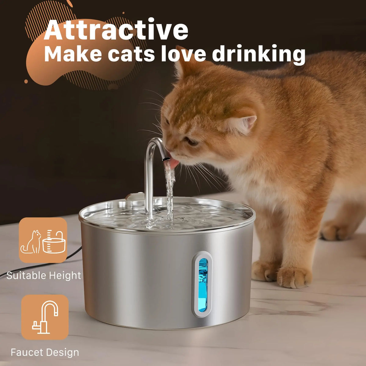 2.2L Stainless Steel Cat Water Fountain with Viewing Window