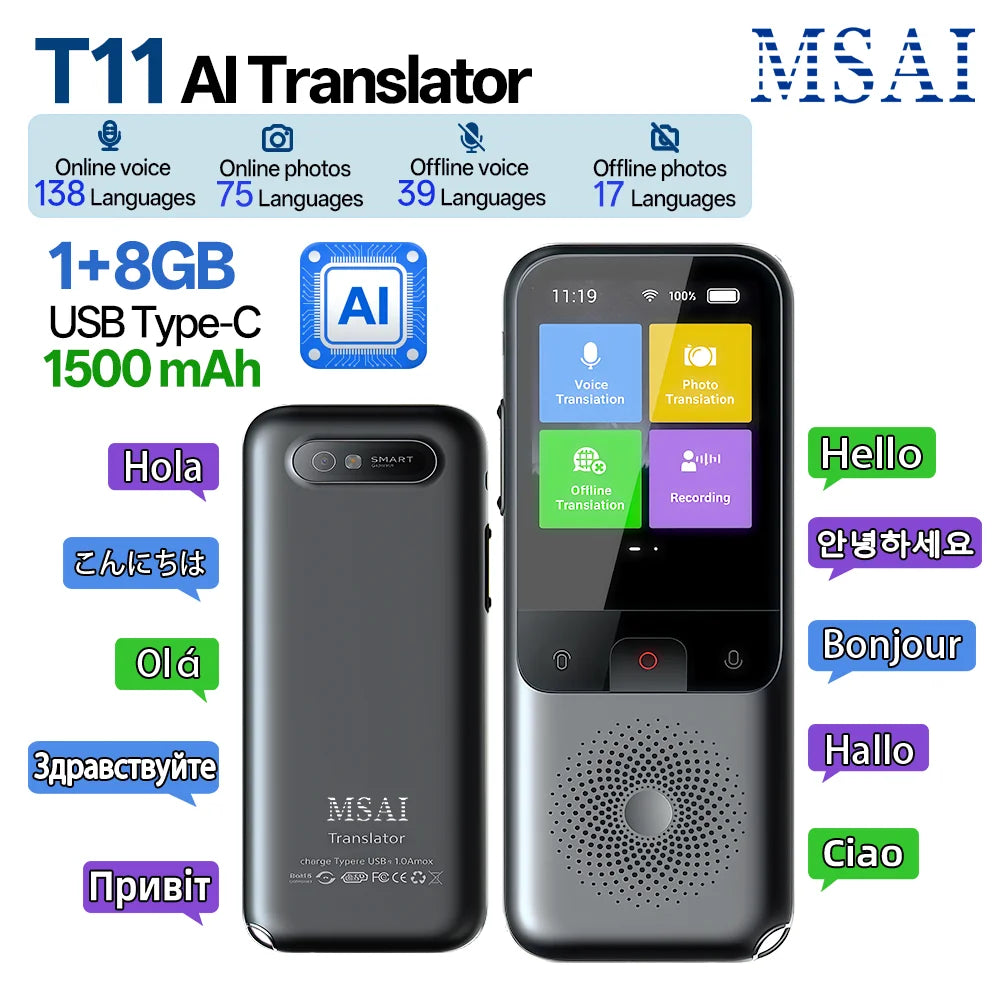 MSAI T11 Smart Language Translator Device — 138 Languages Online, 17 Offline, Photo Translation