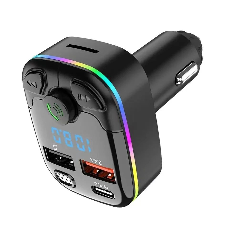 Bluetooth 5.0 Car FM Transmitter & Charger – PD USB-C, Dual USB, Hands-Free MP3 Player with Ambient Light