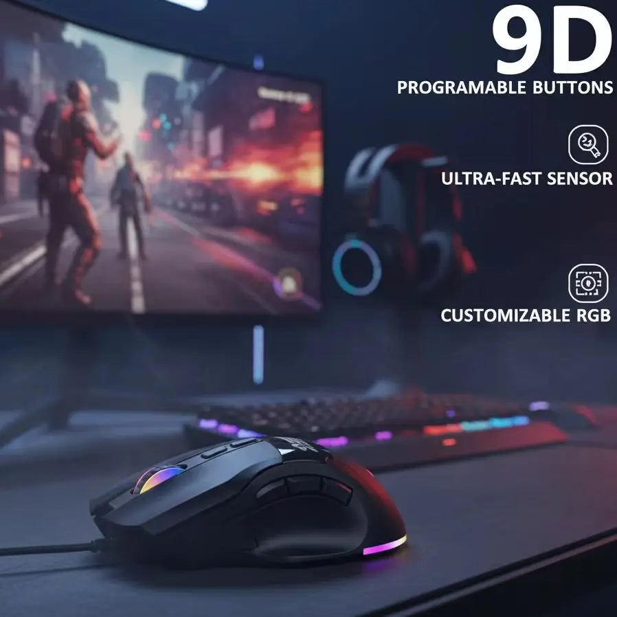 Programmable Wired Gaming Mouse with RGB Lighting — 9/10/12 Keys, 7200 DPI